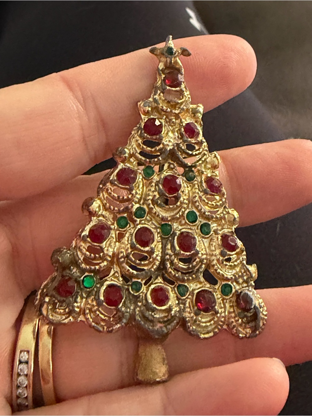 5/$25 Gold-Tone Holiday Tree Brooch with Red and Green Stones
